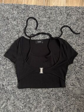Cider Black Short Sleeve Crop Top with Front Clasp